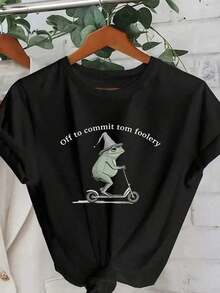 Camiseta Gráfica con Slogan de Rana Divertida para Mujer de Talla Grande, Casual de Verano - Negro - Ver 4