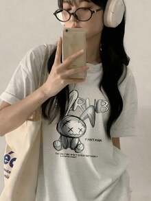 Women's Short-Sleeved T-Shirt, Rabbit Print Design, Round Neck, Casual, Versatile, For Young Girls, Black Color, Spring/Summer. - Light Grey - View 7