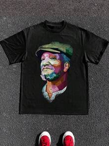 Size Plus  1 Pcs% Cotton Portrait Of Bearded Uncle Print Shirt Tops TEE 220g Heavy Cotton Shirt - 黑色 - 查看 8