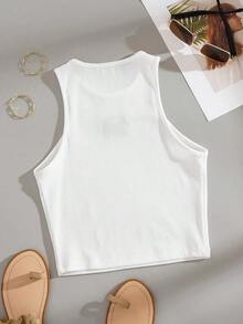 Top de punto acanalado con bordado de letras, camiseta gráfica para mujer - Blanco - Ver 2