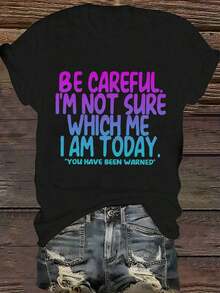 1 Piece Women's Plus Size Casual T-Shirt With Slogan Print, Round Neck And Short Sleeve, Summer, 180g, 100% Cotton - 黑色 2 - 查看 12