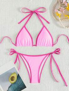 Conjunto de bikini sexy de cuello halter y lazo para mujer en bloque de color para vacaciones, playa de verano - Rosa - Ver 2