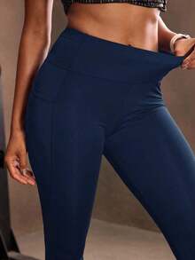 Mallas deportivas de cintura ancha con bolsillo para teléfono, pantalones de yoga para mujer - Azul marino 2 - Ver 5