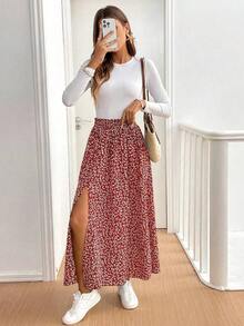 Frenchy Falda larga con abertura y volantes con estampado floral ditsy, casual y de moda para uso diario, vacaciones de verano, color azul floral, para resort - Rosa Roja - Ver 4