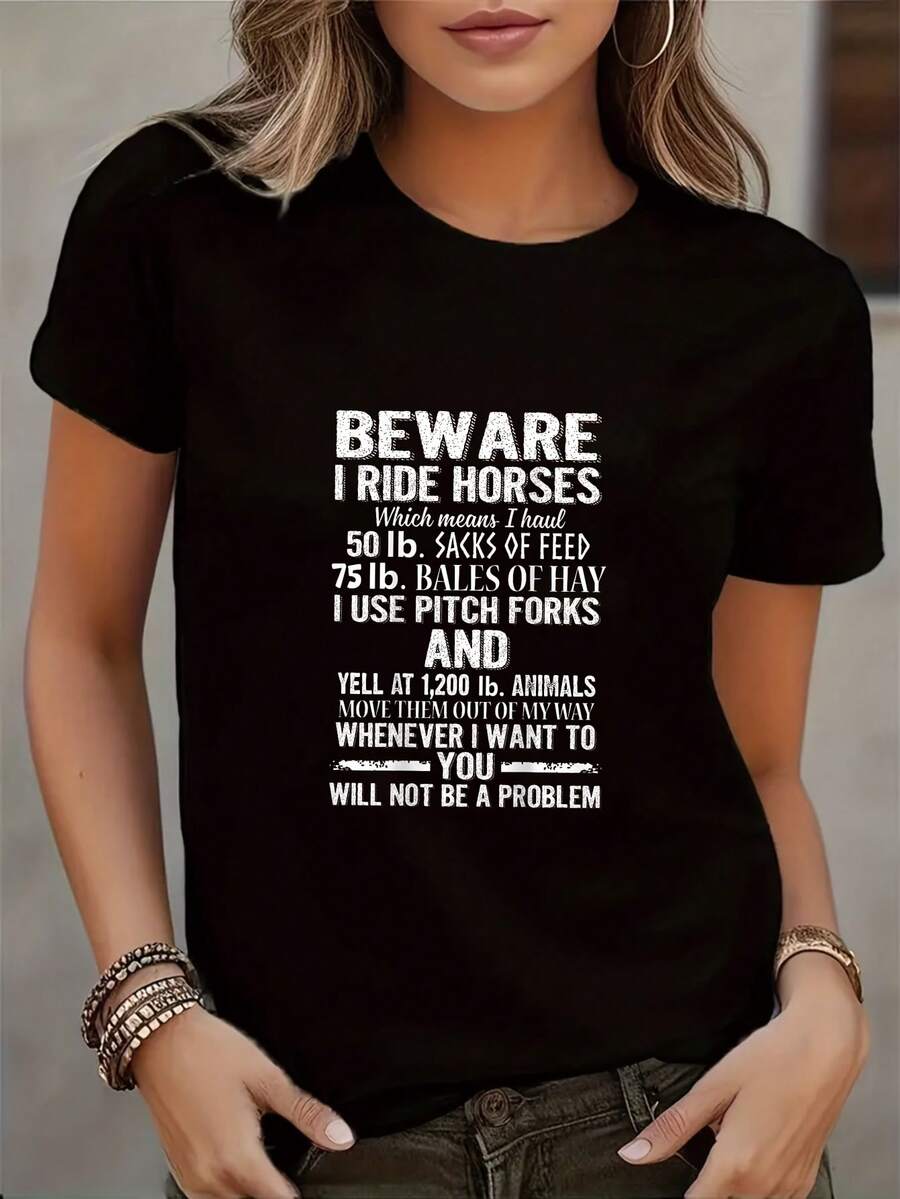 Camiseta con estampado de caballos, cuello redondo, tejido de punto casual, longitud regular, estilo femenino, adecuada para todas las estaciones. Top de manga corta cómodo y versátil. - Negro - Ver 1
