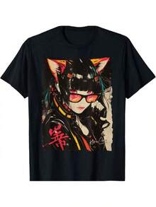 Camiseta con Diseño de Moda Urbana Japonesa con Temas de Cyberpunk, Y2K, Techwear y Anime de Gatos Manga - Negro - Ver 1