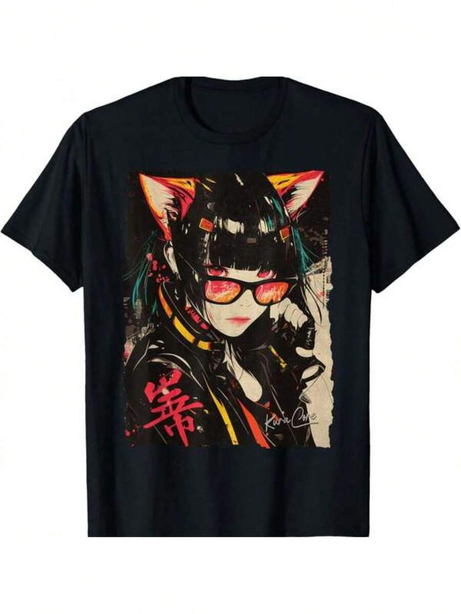 Camiseta con Diseño de Moda Urbana Japonesa con Temas de Cyberpunk, Y2K, Techwear y Anime de Gatos Manga - Negro - Ver 1