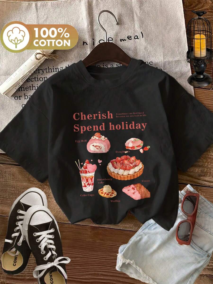 Estilo Dulce para Amantes, Postre, Vacaciones. Disfruta de tus Días Libres con esta Camiseta Holgada de Manga Corta y Cuello Redondo para Mujer - Negro - Ver 1