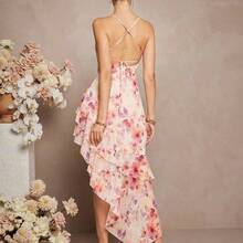 Women's Floral Print Ruffle Trim Asymmetric Hem Elegant Camisole Dress - Negro - Ver 8