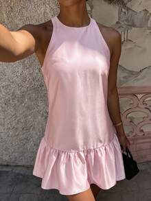 Women's Summer Satin Ruffle Hem A-Line Mini Pink Dress Y2K - Pink - View 2