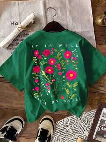 Camiseta casual minimalista para mujer, camiseta de manga corta con estampado gráfico de estilo urbano casual, top de verano lindo con estampado de flores, camisetas lindas para mujer, tops de verano para mujer, camisetas para mujer, tops de verano para mujer, camiseta linda que combina bien con mi alma, camiseta corta para mujer - Estilo callejero vintage, unisex, holgada, de algodón, de manga corta, con cuello redondo, blusas para mujer. blusas.blusas casuales para dama. - Verde - Ver 4