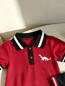 2件套夏季新款男婴POLO领恐龙印花短袖连体衣套装 - 酒紅色 - 查看 5