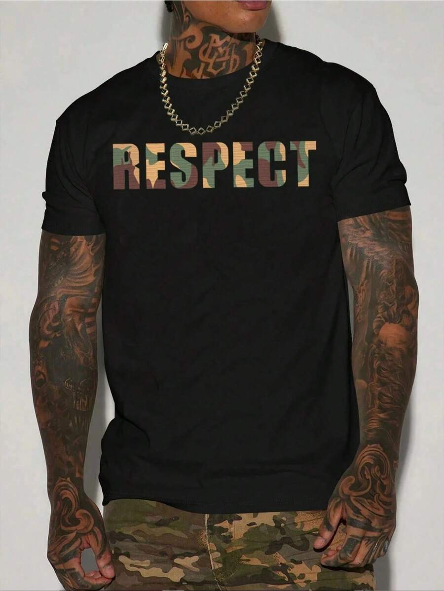 Camiseta estampada para hombre a la moda - Camiseta clásica de verano con cuello redondo y manga corta, cómoda y transpirable, diseño elegante con estampado de letras, ropa masculina versáti - Negro - Ver 1