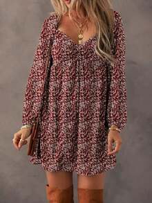 Acelitt Vestido de manga farol con frente fruncido y parches con estampado floral diminuto, elegante para vacaciones de primavera - Rojo - Ver 12