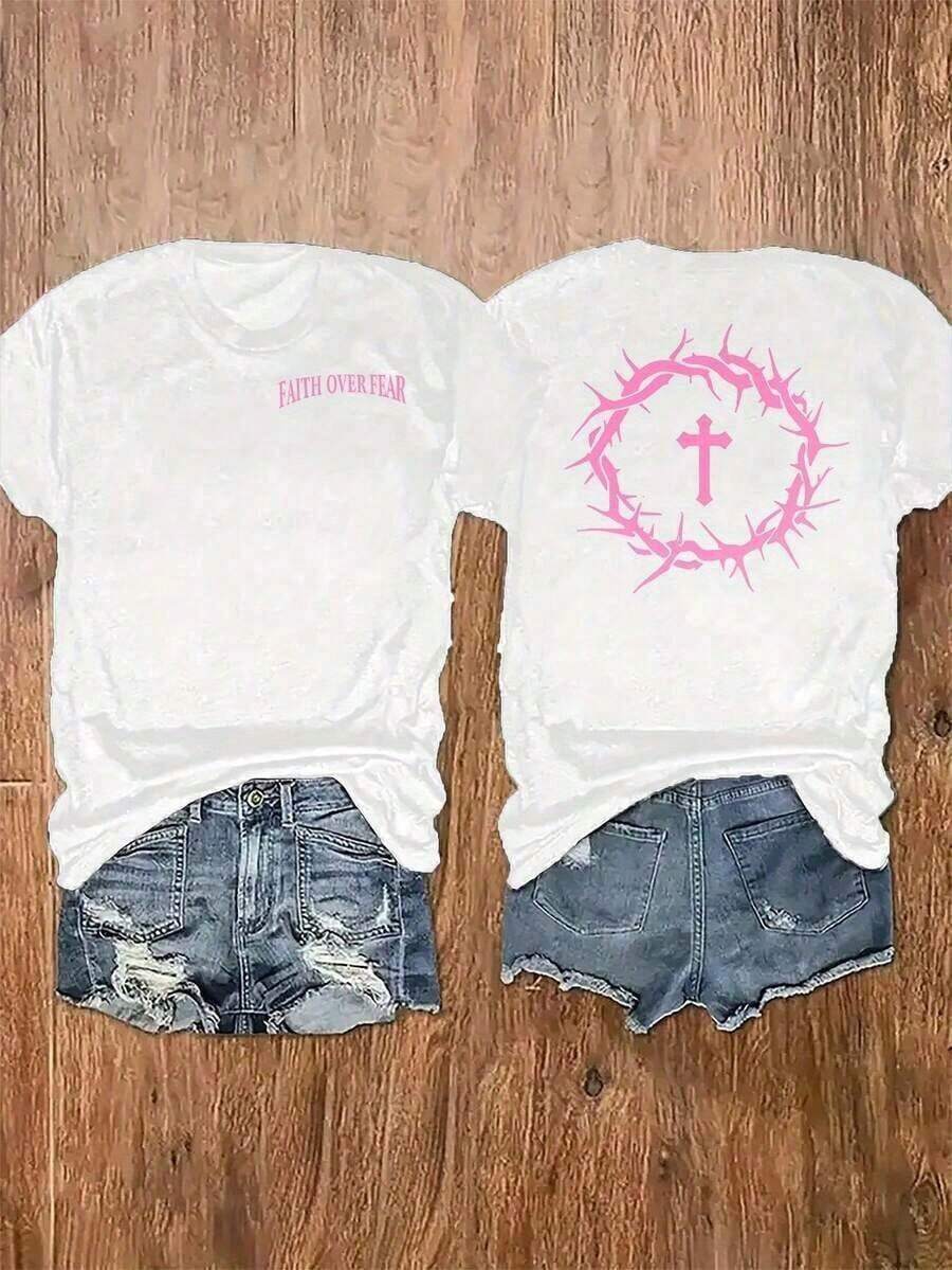 Women's Casual Loose Fit T-Shirt With Double-Sided Christian Print "Faith Over Fear", Breathable And Comfortable, Short Sleeve, Round Neck, Rose Cross And Crown Of Thorns Print, Soft Cotton, Perfect For Everyday Wear And Religious Urban Style - 白色 - 查看 1