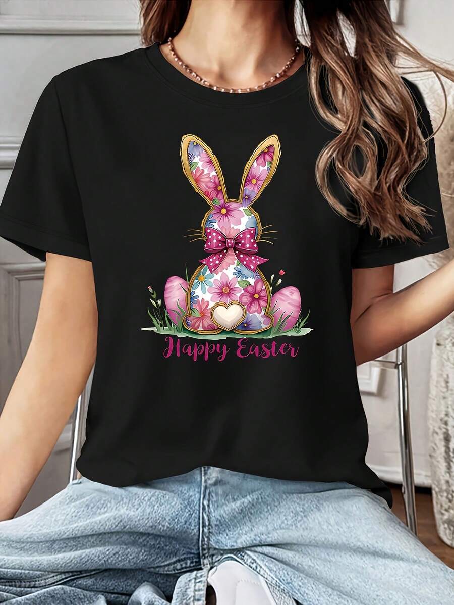 Camiseta de Tela Suave[Oferta Especial de Pascua]Camiseta de Mujer con Cuello Redondo para Primavera/Verano, Estampado Creativo con Diseño Floral, Conejo, Lazo, Corazón y Huevo, Casual para Uso Diario, Versátil para Fiestas, Regalos, Compras, Reuniones, Salidas, Camiseta Elegante, Vintage y a la Moda. - Negro - Ver 1
