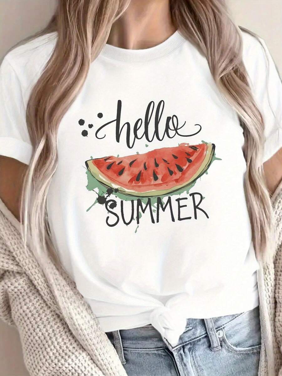 Camiseta Casual de Verano para Mujer con Estampado de Sandía, Cuello Redondo, Manga Corta, Estilo Chic y a la Moda - Blanco - Ver 1