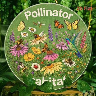 1pc 7.87X7.87 Inch 2D Flat Pollinator Habitat Garden Metal Sign, Butterfly Bee Hummingbird Decor Sign, Outdoor Garden Wall Art, Suitable For Yard, Gift For Gardeners & Nature Lovers