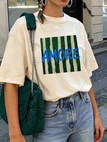 Camiseta con estampado de camisa casual para mujer, manga corta y cuello redondo, moda urbana local de primavera/verano.,Playera Gráfica Oversized Mujer Verano Casual - Blanco - Ver 1