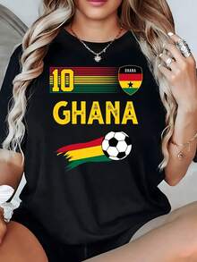 Bandera de Ghana con número diez y balón representando pasión por el fútbol y orgullo nacional con colores vibrantes rojo amarillo y verde camiseta de mujer casual deportiva cómoda - Negro - Ver 1