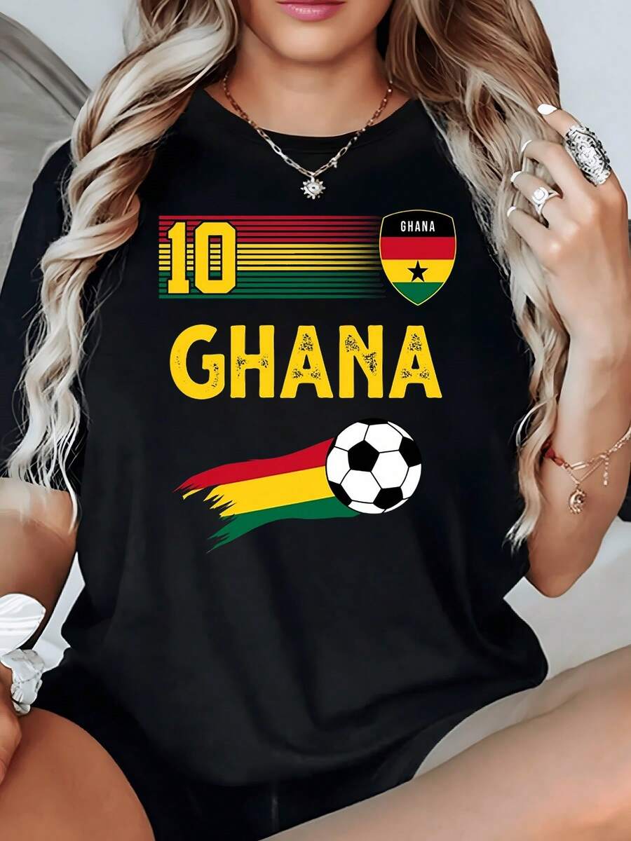 Bandera de Ghana con número diez y balón representando pasión por el fútbol y orgullo nacional con colores vibrantes rojo amarillo y verde camiseta de mujer casual deportiva cómoda - Negro - Ver 1