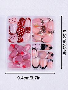 96片/套 短款椭圆形美甲贴片，经典裸色、红色、白色、粉色、黑色、棕色，法式边缘，星形和波点图案，适合女性和女孩，可用于派对、日常佩戴、度假等各种场合。套装包含2片啫喱和2把指甲锉，是送给女士美甲爱好者的绝佳礼物。 - 彩色 - 查看 4