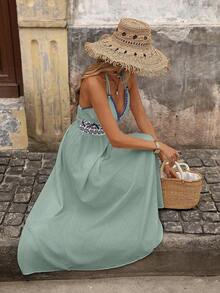 YHHBrillora Vestido largo de vacaciones con estampado geométrico jacquard sin espalda para mujerYHH - Verde - Ver 3