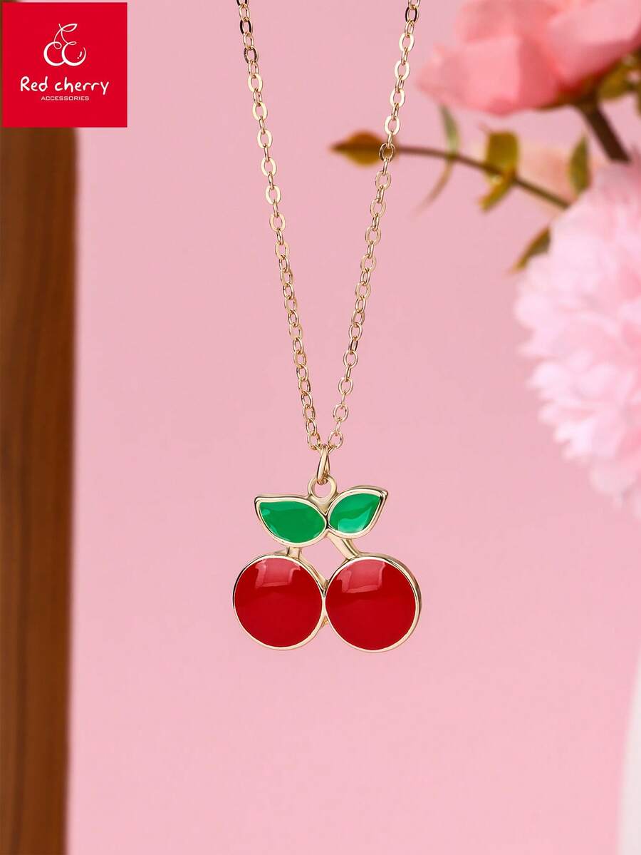1pc Girls' Cute Cartoon Enamel Crown, Gift Box, Cherry Pendant Necklace, Suitable For Daily Wear, Gift, Festivals - Multicolor - View 1