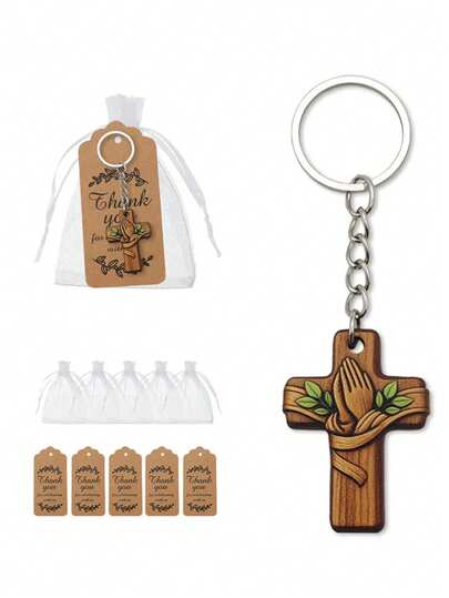 12/3pcs Wooden Cross Keychain Set With White Organza Bags And Thank You Tags, Olive Wood Praying Hands Keyring For First Communion, Baptism Party Favors, Religious Wedding Guest Gifts, Christian Christmas Stocking Stuffers, Church Event Souvenirs