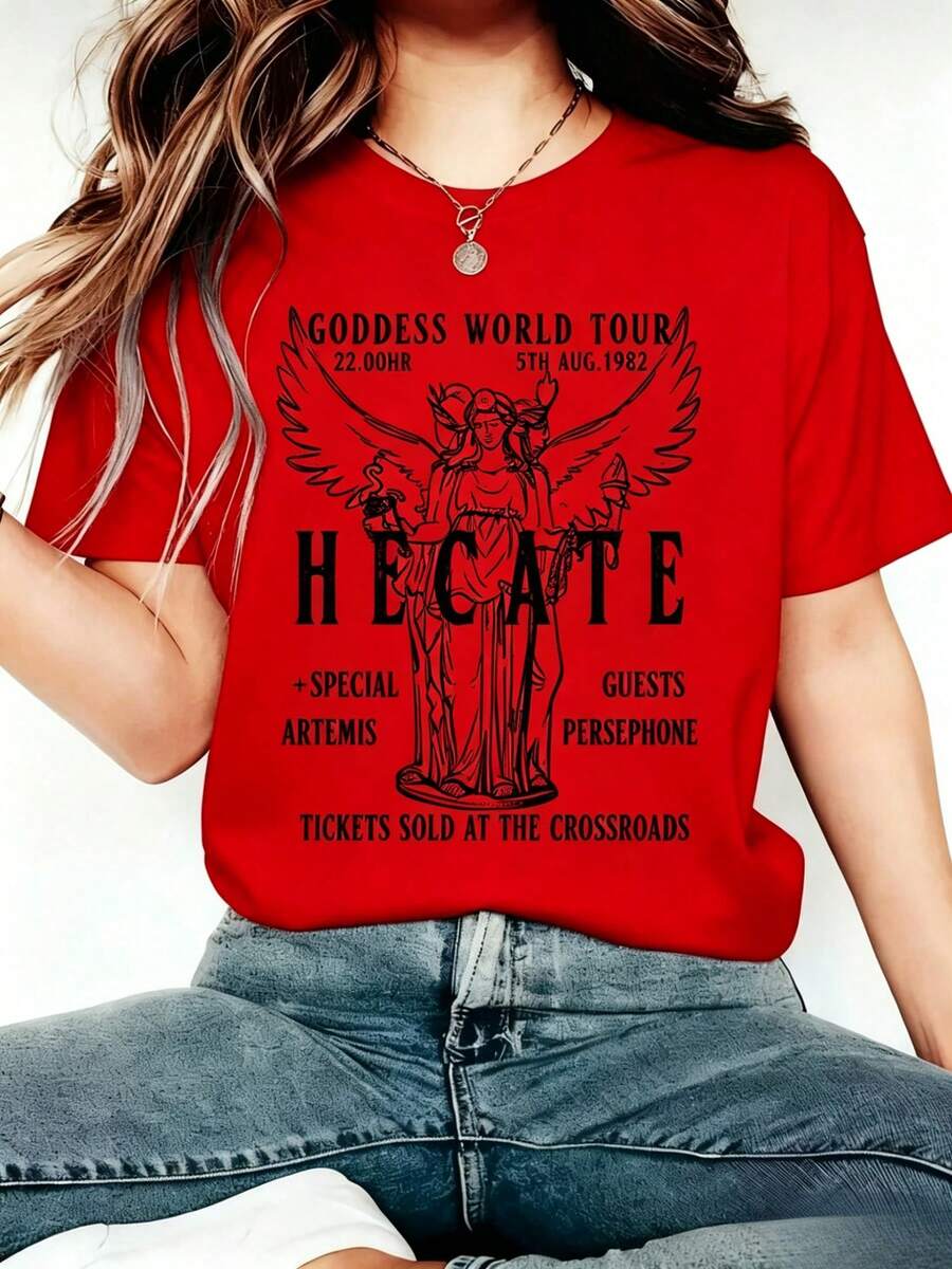 ropa de mujer Camiseta Estampada Estilo Retro con Temática de la Diosa Hécate - Tejido de Punto de Poliéster Suave, Manga Corta, Cuello Redondo - Adecuada para el Uso Diario Casual de Mujere - Rojo - Ver 1