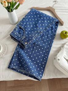 Pantalones vaqueros casuales con estampado de lunares para mujer, pantalones con estampado de lunares, pantalones con estampado de lunares, pantalones lindos, pantalones casuales para mujer, pantalones vaqueros holgados con estampado de - Lavado ligero - Ver 3