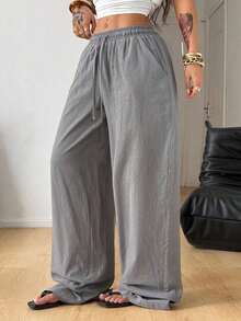Pantalones anchos de pierna ancha con estampado de rayas, cintura con cordón, cómodos, para mujer, estilo casual de playa y vacaciones, estilo bohemio - Gris - Ver 7