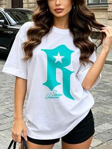 Women's Summer Casual Soft Round Neck Short Sleeve T-Shirt,The Star Letter R Print Graphic Is Suitable For Daily Wear In Spring And Summer.White - White - View 1