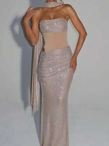 Vestido Sin Mangas con Lentejuelas y Cintas, Estilo Bandeau, Fiesta Elegante Nueva Llegada - Albaricoque - Ver 4