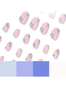 24pcs Blue Floral Minimalist Fresh Short Oval Fake Nails, Wearable Removable Full Coverage Artificial Nails, Suitable For Party, Wedding, Daily Wear - Multicolor - View 4