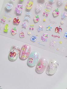 1pc Hand-Painted Apple Nail Art Sticker, Cute 5D Fresh Fruit Nail Accessory, Handmade Nail Decal, Nail Jewelry, Suitable For Women And Girls, Quality Nail Product, Short Nail Sticker, Summer Nail Sticker - Multicolor - View 5