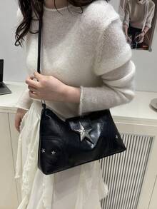 Y2K休閒女款斜背包，星星裝飾，可調節肩帶，大容量復古通勤手提包 - 黑色 - 查看 3