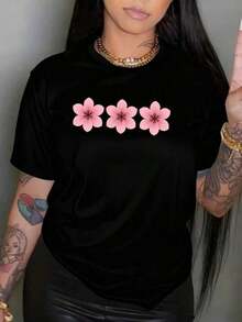 Women's Summer T-Shirt With Petal Print AI - Casual Round Neck Top, Medium Stretch Fabric, Regular Fit, Suitable For Christmas And Everyday Wear, Machine Washable Base Layer T-Shirt, Versatile Basic Style - Black - View 1