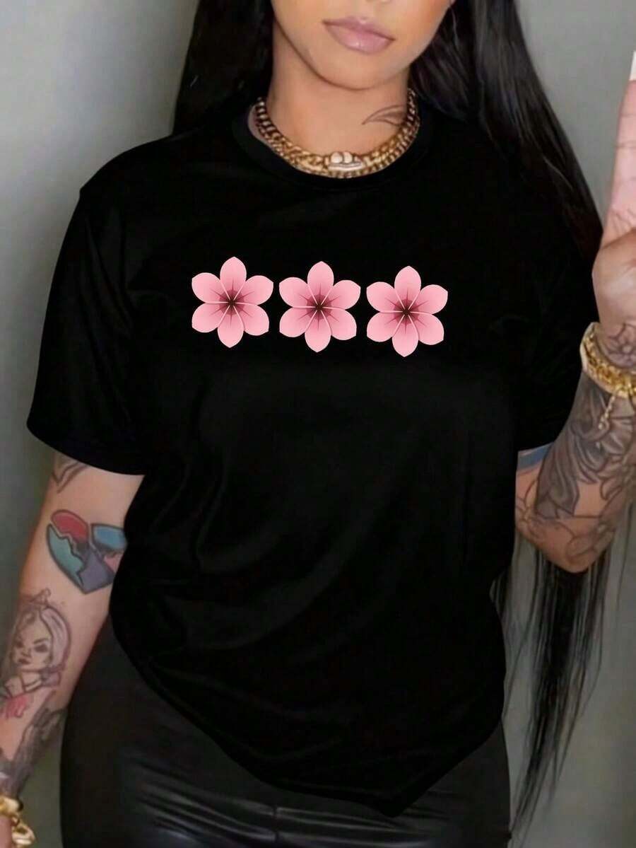 Women's Summer T-Shirt With Petal Print AI - Casual Round Neck Top, Medium Stretch Fabric, Regular Fit, Suitable For Christmas And Everyday Wear, Machine Washable Base Layer T-Shirt, Versatile Basic Style - Black - View 1