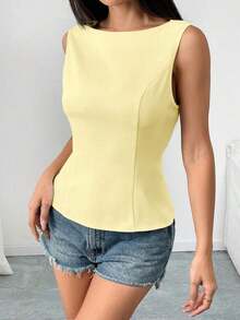 Camisa ajustada sin mangas de unicolor con lazo en la espalda, sexy y elegante para uso casual, adecuada para citas, vacaciones, oficina/negocios, primavera/verano - amarillo ganso - Ver 7