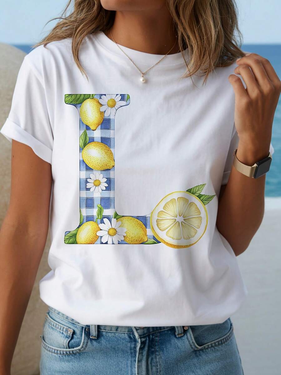 T-Shirt With A Letter Print And Lemon-Patterned Check Design, A Must-Have For Summer. Suitable For Both Spring And Summer. This Fashionable, Comfortable, And Casual Women's T-Shirt With A Round Neck Is The Best Choice For Everyday Wear In Spring And Summer, And Makes A Thoughtful And Suitable Gift For Various Occasions. - 白色 - 查看 1