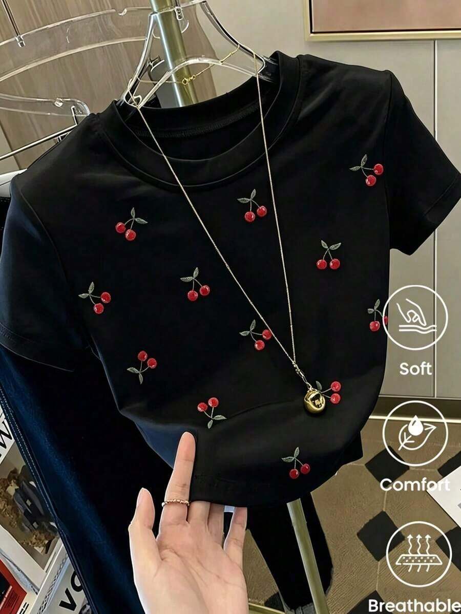 180g Made In Mexico, Spring/Summer 2026 Fashion Short Sleeve T-Shirt, Cartoon Print, Couple Style, Underwear/Outerwear, Casual Round Neck For Office, Unisex One Piece Top - 黑色 - 查看 1