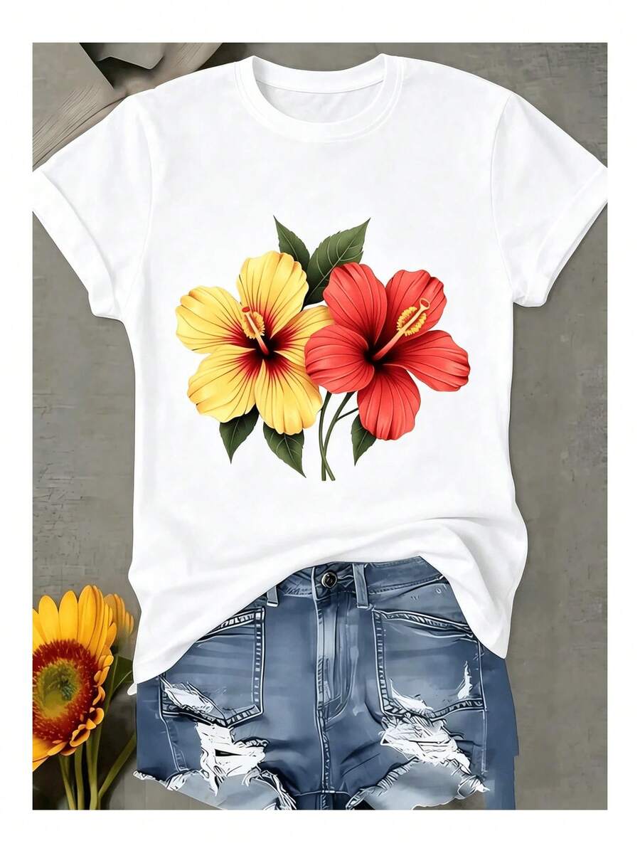 1 pieza de ropa para mujer, camiseta negra con estampado de hibisco, camiseta unisex casual de cuello redondo, tela de punto ligera de 220 g/m², lavable a máquina, para primavera/verano/otoño, Navidad, Día de San Valentín, Halloween. - Blanco - Ver 1