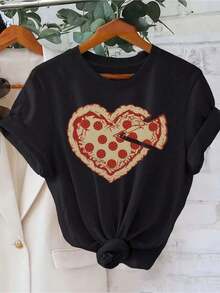 Women's Cotton Casual Short Sleeve T-Shirt With Round Neck And Heart-Shaped Pizza Print, % Cotton. Women's Blouses Shirt - 黑色 - 查看 8