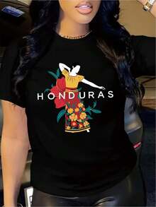 Camiseta Vintage Casual de Cuello Redondo con Estampado Vibrante de Honduras, Largo Regular, Para Todas las Temporadas, Regalo de Verano - Negro - Ver 1