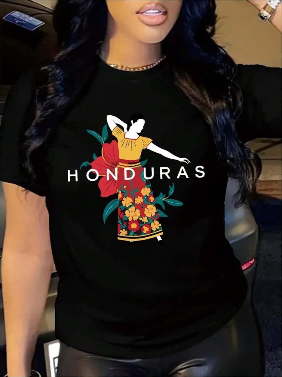 Camiseta Vintage Casual de Cuello Redondo con Estampado Vibrante de Honduras, Largo Regular, Para Todas las Temporadas, Regalo de Verano - Negro - Ver 1