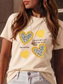 Camiseta Casual de Manga Corta con Cuello Redondo para Mujer, con Estampado Gráfico de Corazones de Guepardo para un Look Adorable WF9K - Amarillo Mostaza - Ver 2