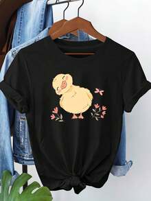Elegante ropa de mujer con un estampado de pato de dibujos animados, camiseta cómoda de cuello redondo, estilo casual y a la moda para mujer de talla grande, ideal para el día a día, reuniones con amigas, atuendos para mujeres jóvenes y como regalo para las fiestas. - Negro - Ver 6
