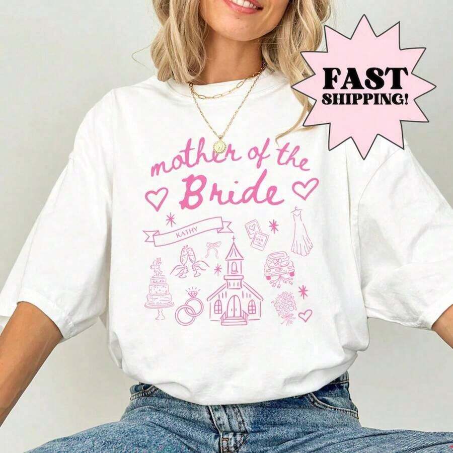 1 Piece "Mother Of The Bride" T-Shirt, Personalized With The Phrase "I'm Going To The Chapel, I'm Getting Married", Flirty Style Bridal T-Shirt With Doodle Design, 180g, 100% Cotton. - 白色 - 查看 1