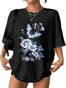 Men's And Women's Casual Cotton T-Shirts, New Spring/Summer Collection, Blue And White Butterfly Print, Blue And White Porcelain-Style Design, Soft And Comfortable Fabric, Casual And Versatile, Summer Wear, Great As A Gift, Local Store. JMCX - 白色 - 查看 11
